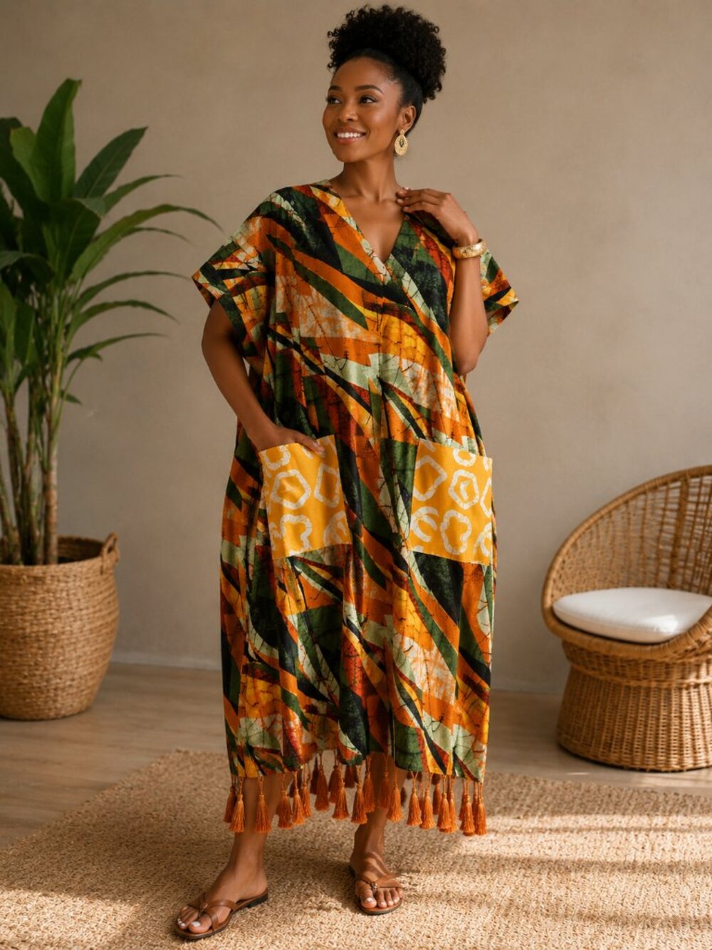African Print V-Neck Kaftan Dress Beautiful Summer Dress.Made With Cotton Fabric